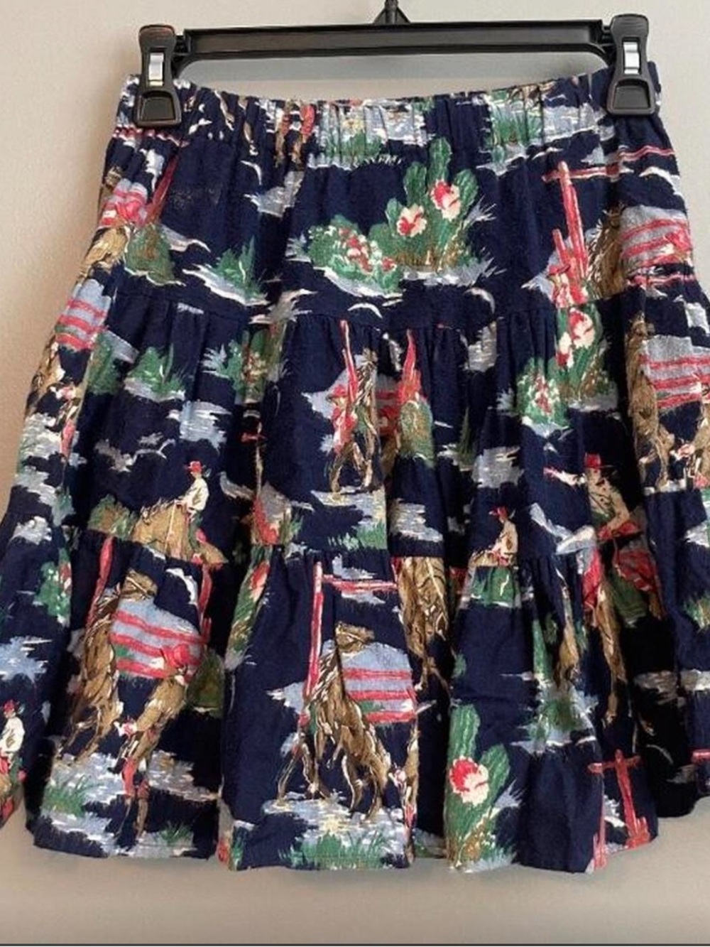 Navy Floral & Equestrian Tiered Cotton Skirt